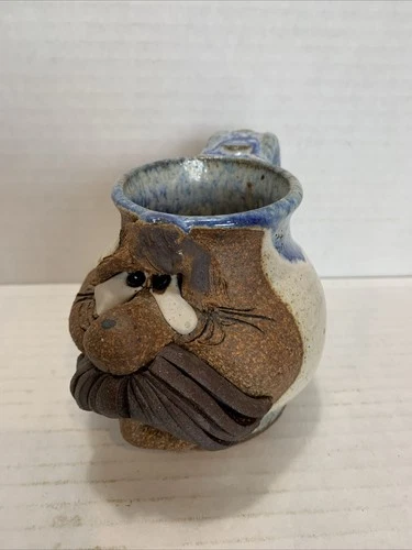 Vintage 3D Handmade Art Pottery Ugly Face Mustache Coffee Mug