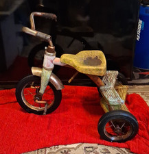 Vintage Metal Tricycle 3-Wheel Ride-On Toy with Wood Rear Deck, Rubber Tires