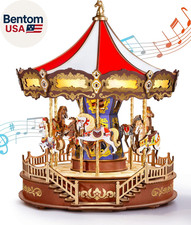 Wooden 3D Puzzles for Adults, DIY Carousel Music Box with Chaser Lights 11.6" Mo