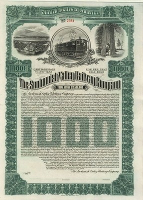 Snohomish Valley Railway Co. - 1906 dated Gorgeous Unissued $1,000 5% Railroad