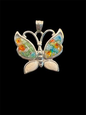 KARIS Millefiori Floral Style Glass & Stainless Butterfly Pendant #D-17