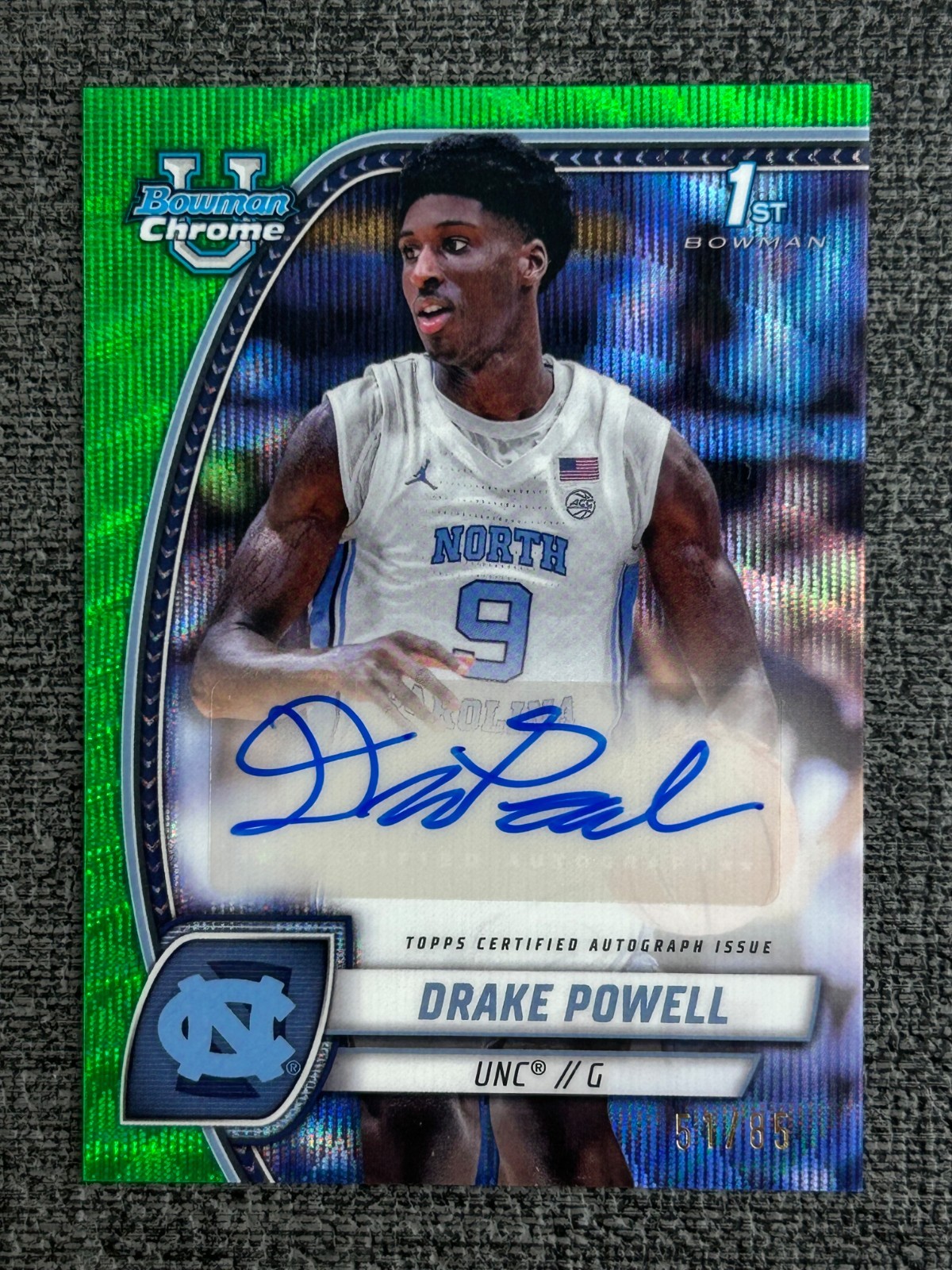 Drake Powell 2024-25 Bowman University Chrome Green Wave Refractor Auto /85 #69