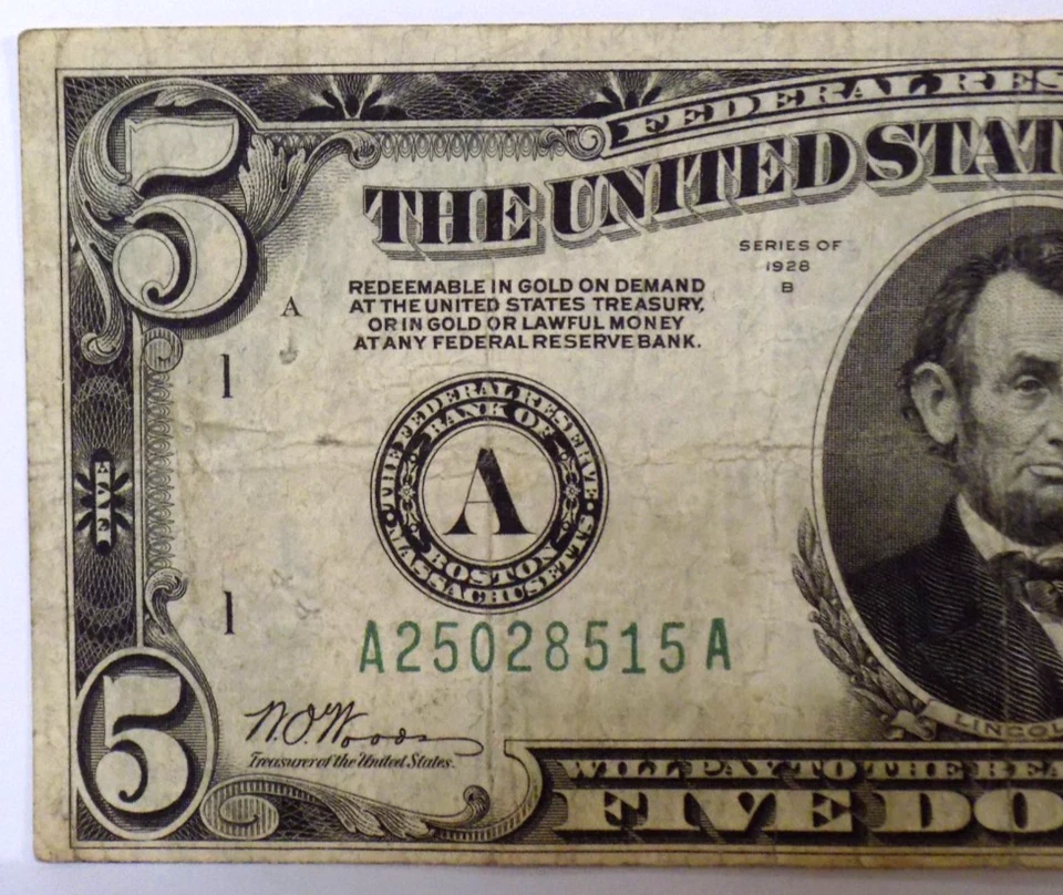 1928 B selo verde $5 nota da Reserva Federal Bank of Boston A25028515A - Imagem 2 de 4