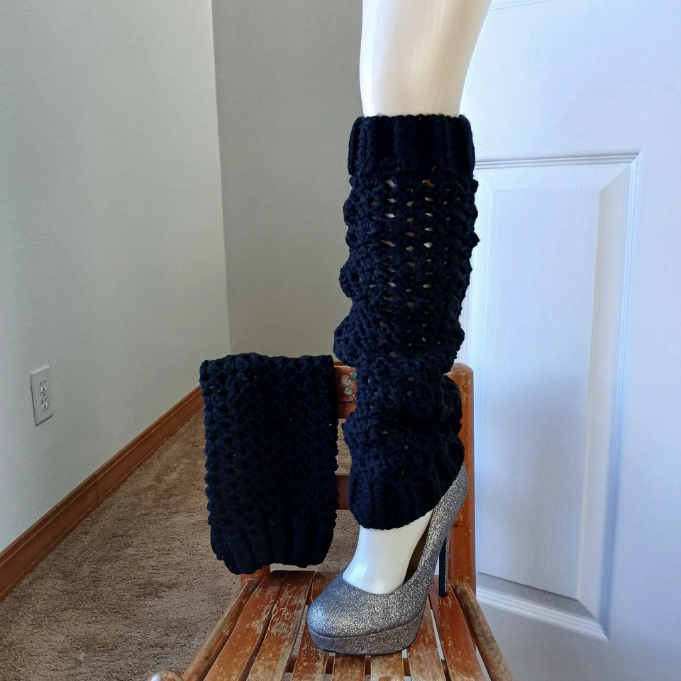 Calentadores de Piernas Negros OSFM Crochet Cálido Grueso Sobre la Rodilla Baile Prefabricado Foto 3 de 4