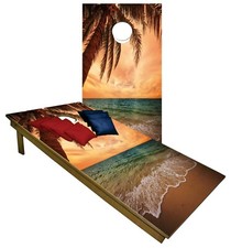 Ocean Front Beach CORNHOLE BEANBAG TOSS GAME w Bags Game Board Sunset Set