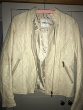 Women's Cream Soft Multi Zip Coat Retro 100% Real Leather Zip Cuff /pocket Uk M