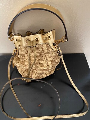 Gold Fendi Mini Mon Tresor Raffia Crochet Bucket Bag