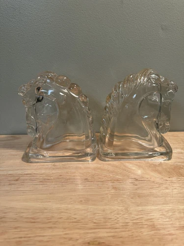 Pair Of Bookends Art Deco Federal Pressed Glass Horse Head Stallion Animal Clear