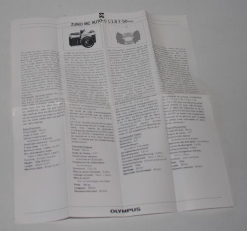 Olympus Zuiko MC Auto-S 1:1.8 f=50mm Lens - Instructions Sheet - 第 1/2 張圖片