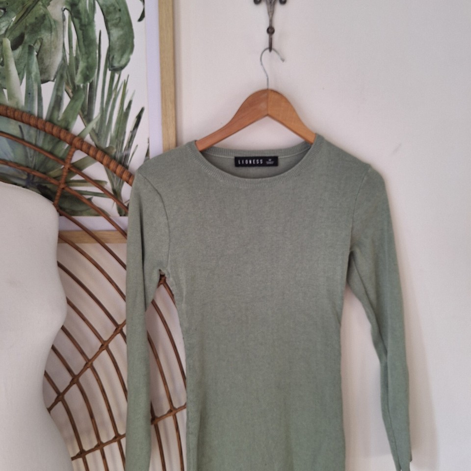 Lioness Sage Green M Knit Dress Drawstring Bodycon Pencil Long Sleeve