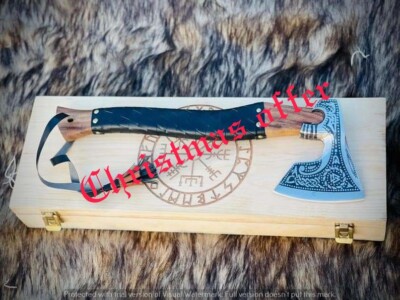 HF 16'' CUSTOM HANDMADE CARBON STEEL HUNTING AXE WITH LEATHER SHEATH & GIFT BOX