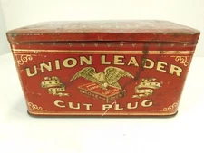 Antique UNION LEADER CUT PLUG Tobacco Advertising Tin 6 X 4 X 3 Nice Graphics