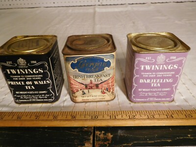 3 Vintage Paper Label Georgian & 2 Twinnings Tea Tins Cans