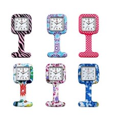 Printed Square Nurse Clip-on Pocket Watch Work Fob Brooch Silicone Men's Women's