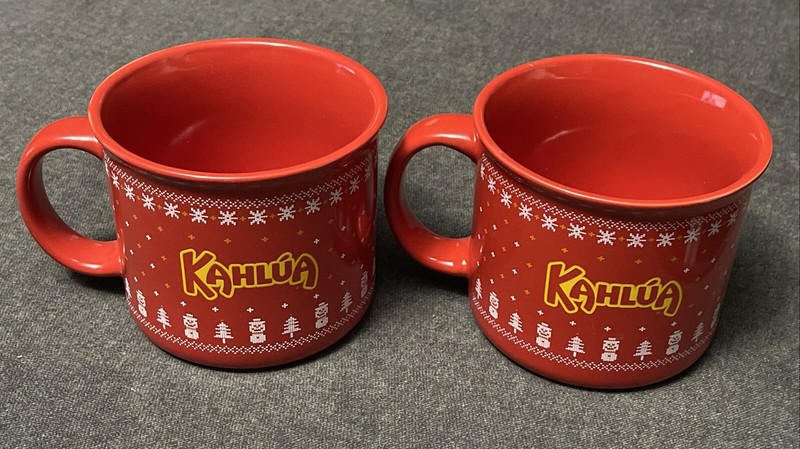 KAHLUA ceramic Mug Christmas Holiday Red Xmas Trees Snowflakes 16 Oz set of 2 