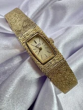 Vintage Gold Tone Women’s Thin Tank Seiko Mesh Band Safety Chain Watch Dainty