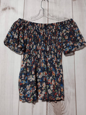 Potters Pot Shirt Ladies Small Navy Floral Semi Sheer