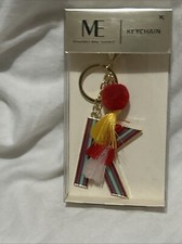 MODERN EXPRESSIONS MONOGRAM K KEYCHAIN. NEW. TEAL GOLD W/ POM POM TASSELS