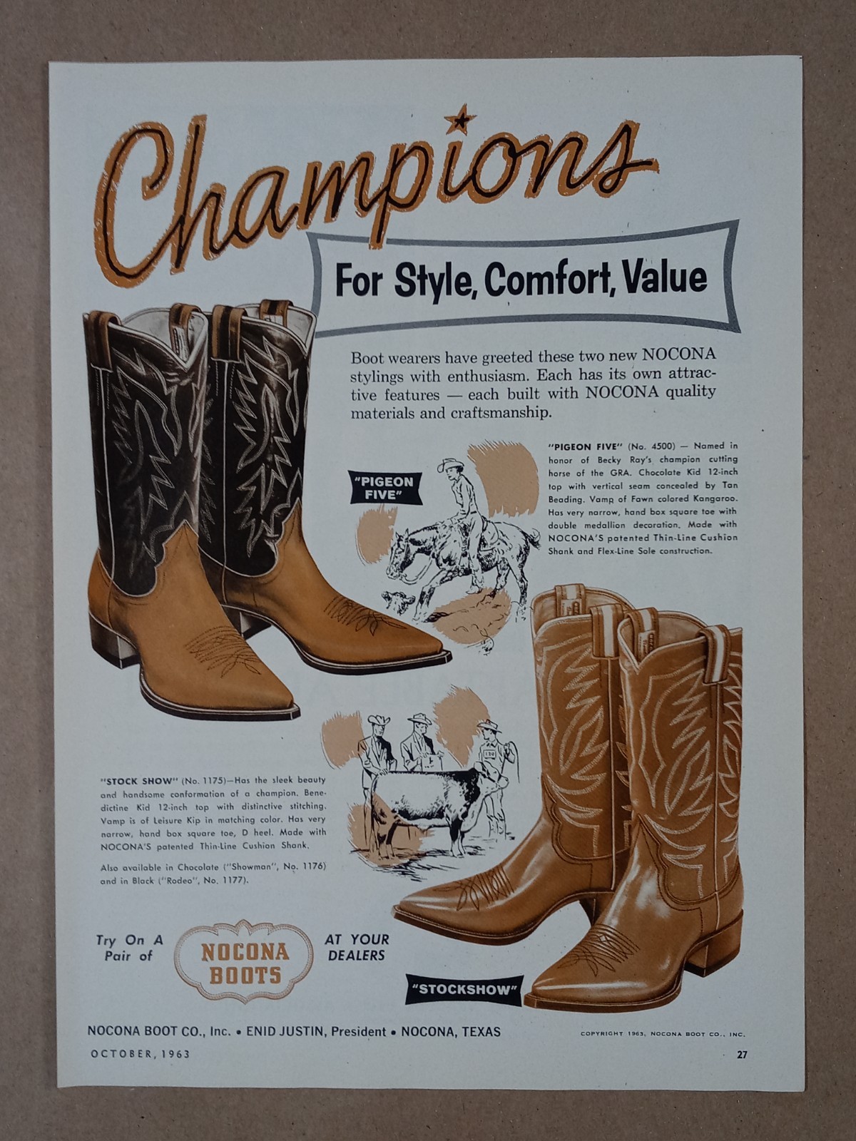 1960s NOCONA TX Cowboy Boots Pigeon Five Rodeo Western Vintage Poster ...