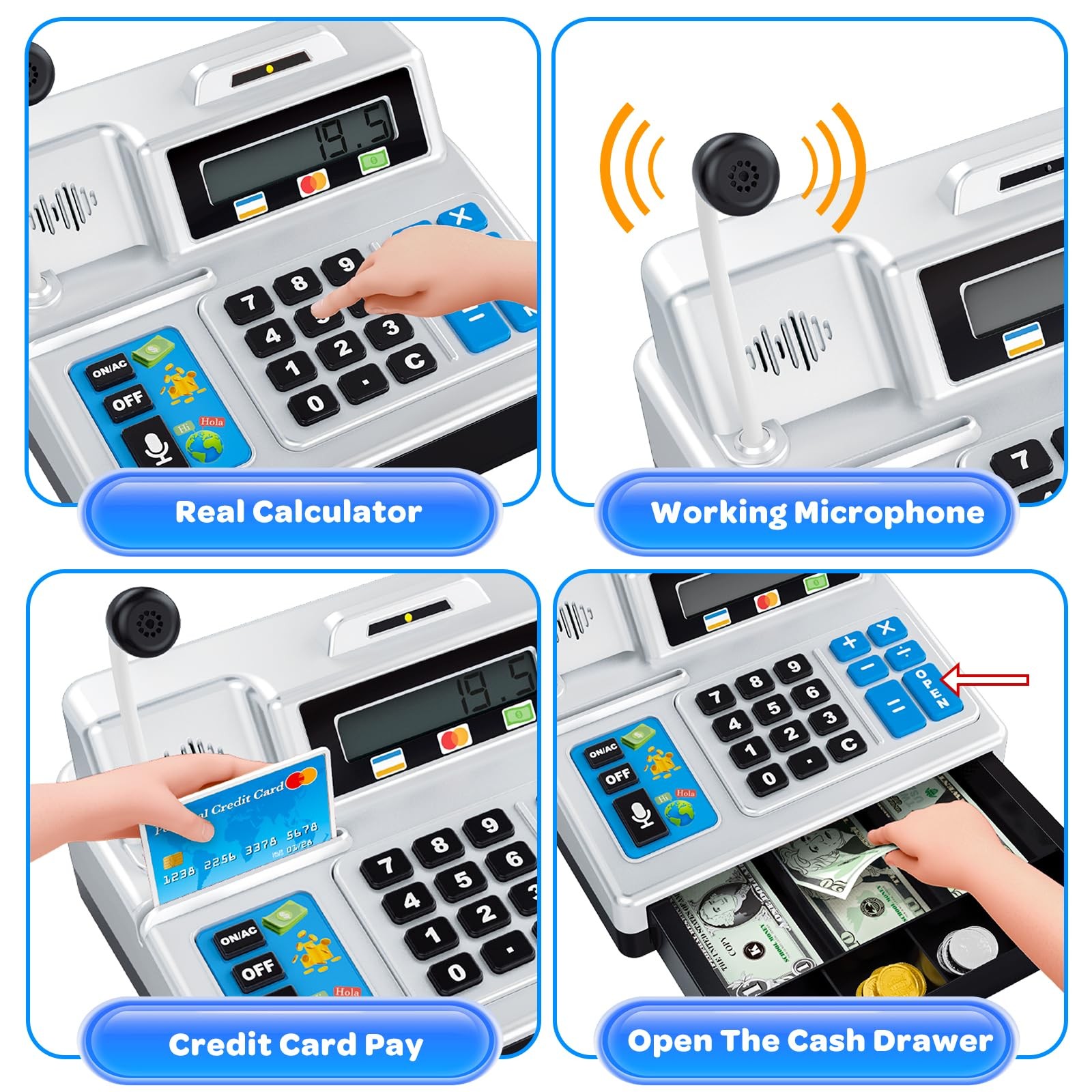 как выглядит Toy Cash Register Set with Calculator, Microphone, 103 Pieces for Kids фото