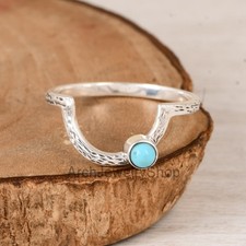 Round Blue Turquoise Stone Textured Ring Oxidized Sterling Silver Hammered Band