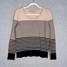 LOFT Sweater Medium Tan Black Striped Thin Lightweight Neutral Minimalist Preppy
