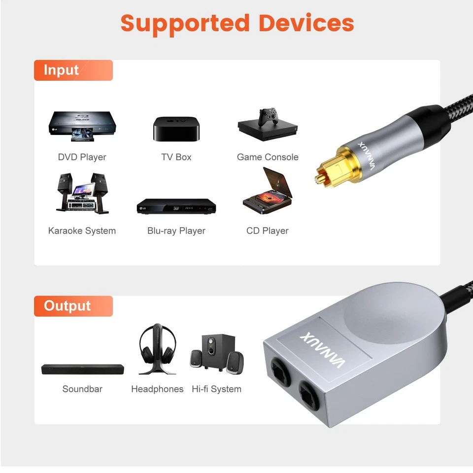 Divisor de cable de audio óptico, 1 en 2 salidas fibra óptica digital Toslink S/PDIF dividido Foto 2 de 4