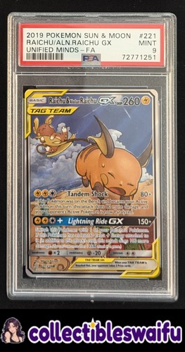 Raichu & Alolan Raichu GX #221 Full Art Unified Minds Pokemon PSA 9 MINT
