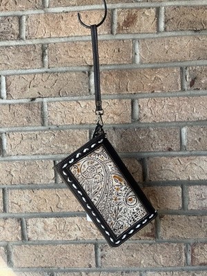Myra Bag Paisley Wristlet Wallet Brown White Tassel Embossed Accents