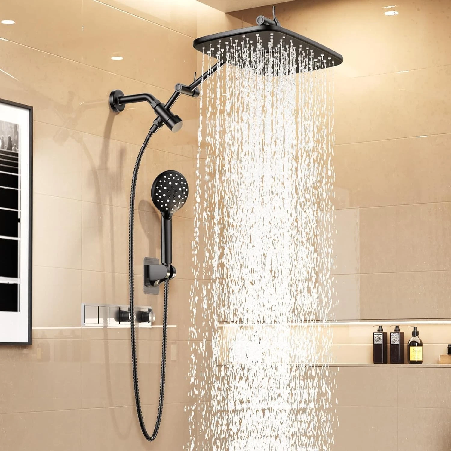 Veken Wide High Pressure Rain Shower Head with Handheld Spray- Matte Black