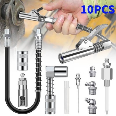 10pcs Grease Gun Accessory Kit Coupler 90° Adapter Needle 12'' Flex Hose Fittings
