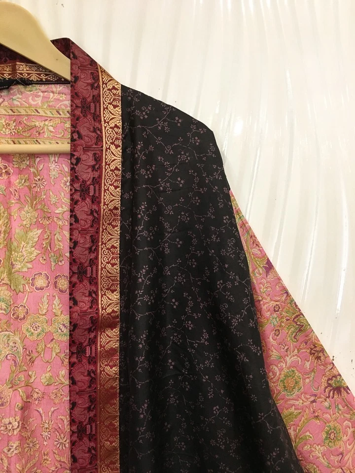 Jaqueta cardigã curta de seda pura quimono espanador capa roupão solto rosa-preto KMS3715 - Imagem 3 de 4