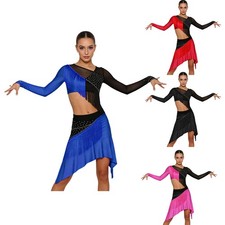 Women Ballroom Practice Outfits Themed Party Set Modern Glittery Salsa Tassel