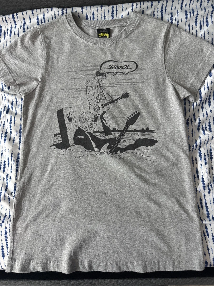 Vintage Stussy Women's T-shirt Rare Medium Guitar Stussy Grey