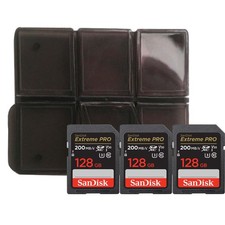 3x SanDisk Extreme 128GB SDXC UHS-I V30 200MB/s Class 10 Memory Card and Holder