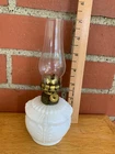 ANTIQUE MILK GLASS MINIATURE OIL LAMP with BRASS ACORN BURNER & CLEAR CHIMNEY
