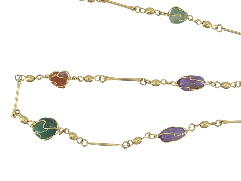 COLLAR LARGO DE COLECCIÓN JAULA DE ALAMBRE PIEDRA ANGULAR MULTICOLOR CUARZO, ÁGATA TONO ORO BARRA ESLABÓN Foto 4 de 4