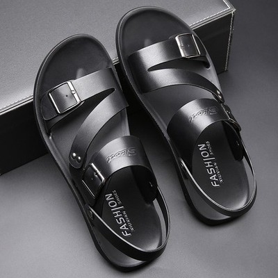 Men's Adjustable Buckle Two-Strap Sandals, PU Leather, Comfort Non-Slip Sole