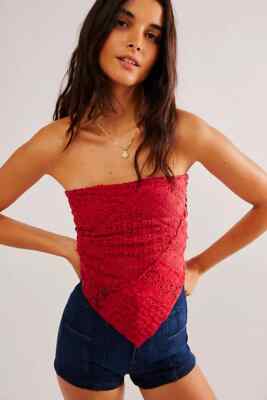 Free People FP One Raya Lace Bandana Top Cropped Smocked Strapless Red NWD M