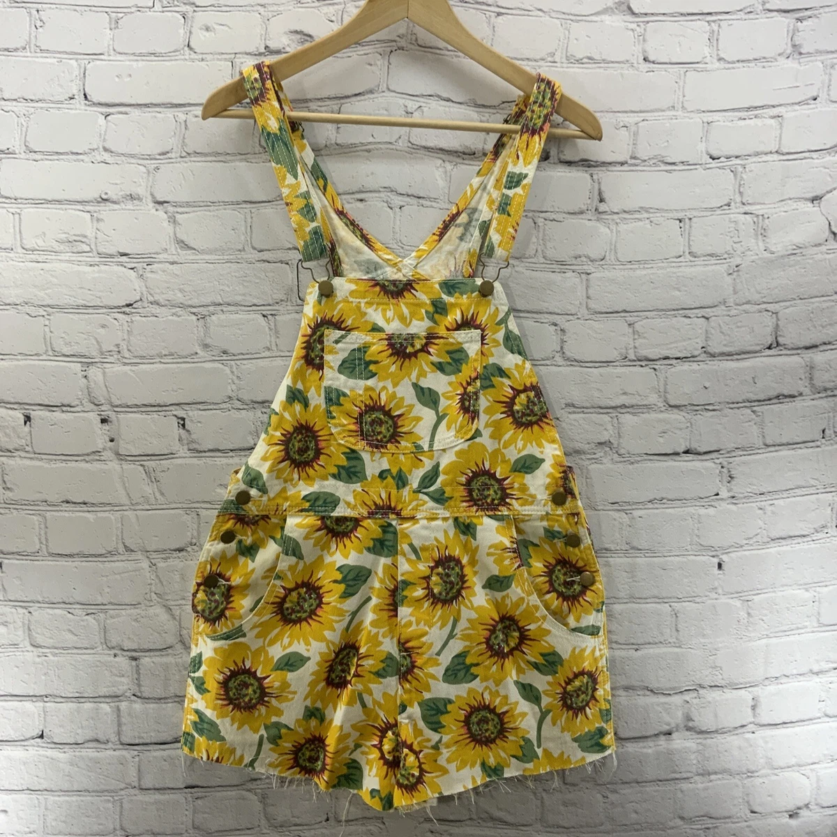 Aili Artisan Jeans Denim Overalls Sunflower Print Shortalls Yellow