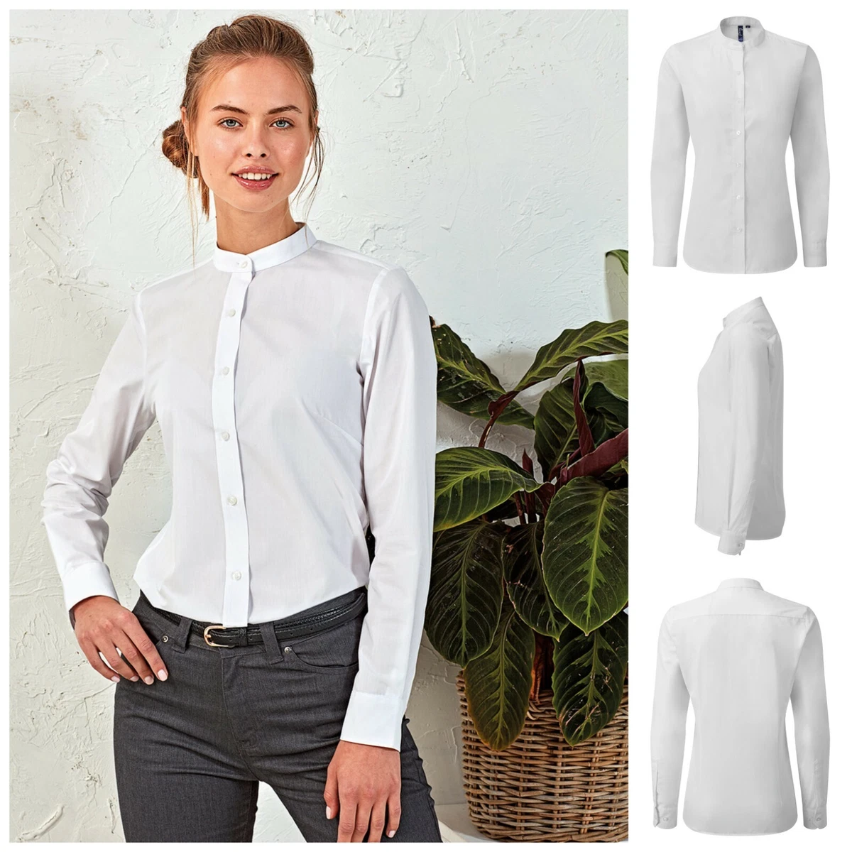 Ladies Oxford Grandad Mandarin Collar Shirt Top Chinese Oriental Work Smart  Band