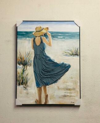 Beautiful 3-D Original Canvas Oil Paining Lady in the Beach Water's Edge