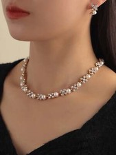 Faux Pearl  Rhinestone Decor Necklace  Earrings Jewelry Set Jewelry Gift for