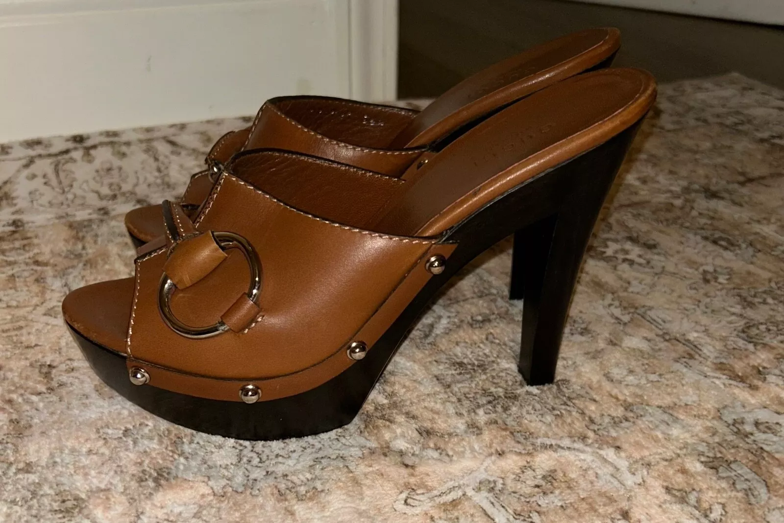 Sabots mules talons Gucci marron cuir et bois Horsebit #234941 EU 36,5 US 6,5 NEUF