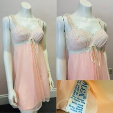 Vtg 60's Olga 9100 Nightgown Sleeping Pretty Nightie Chiffon Babydoll pink 34 Sm