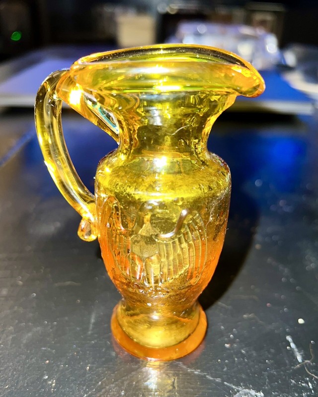 Vintage FOSTORIA Amber Glass Pitcher 4” Miniature: W/bird-eagle