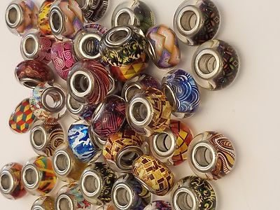 Glass European Rondelle Bead, Large Hole Bead, with Brass Double Core, Platinum
