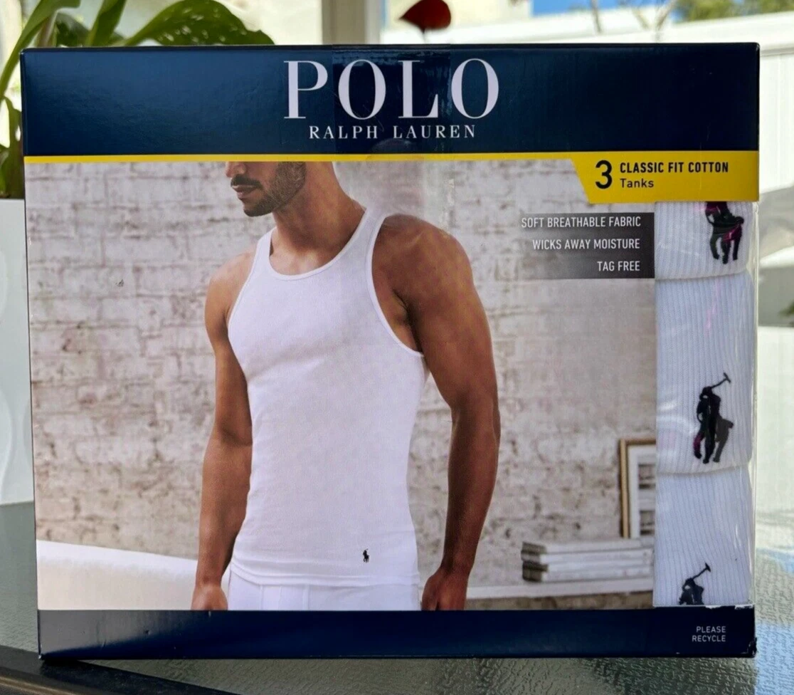 3 Pack Polo Ralph Lauren CLASSIC Fit WHITE Cotton TANK Men’s LARGE
