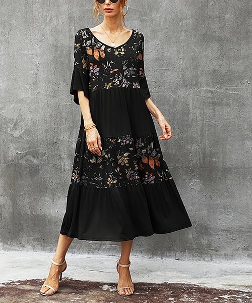 SAKURAFINA Black & Gray Foliage Ruffle-Sleeve Tiered Midi Dress Size Small | eBay SAKURAFINA Black & Gray Foliage Ruffle-Sleeve Tiered Midi Dress Size Small | eBay