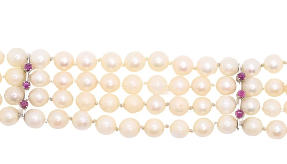 18k Yellow Gold Four Strand Cultured Pearl Bracelet w/Ruby Cluster Clasp - Image 3 of 4